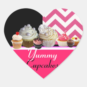 STICKER CŒUR YUMMY ANNIVERSAIRE CUPCAKES / COEUR CHEVRON BLANC