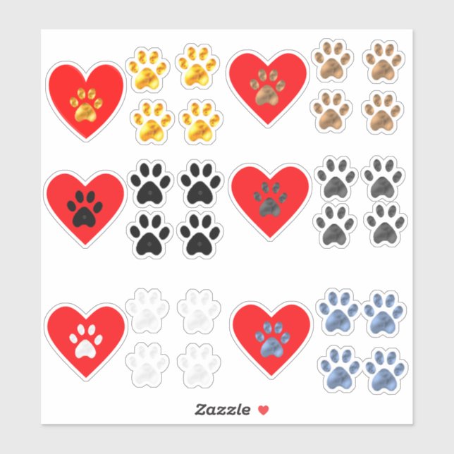 Sticker Collection de coeurs et de pattes (Feuille)