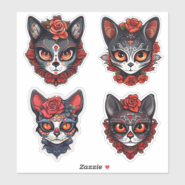 Sticker Collection de crâne de sucre féline Halloween (Feuille)