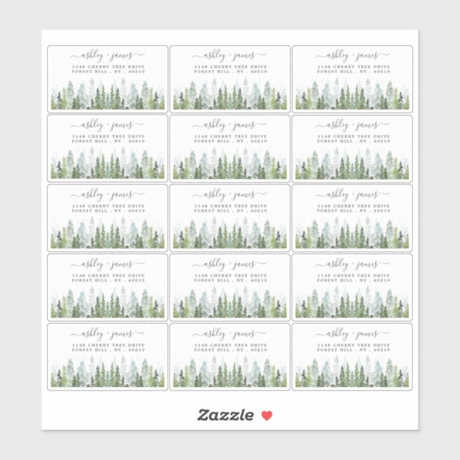 Sticker Collection de Mariages de la forêt de pins d'aquar (Feuille)