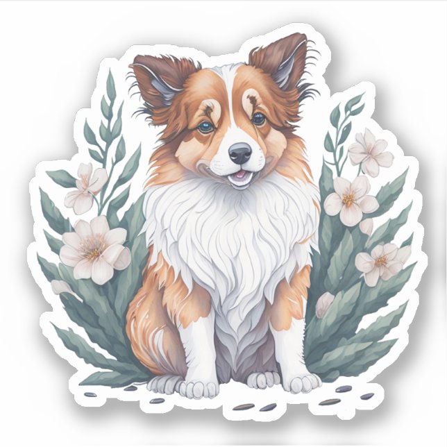 Sticker Collie douce est entourée de fleurs. (Devant)
