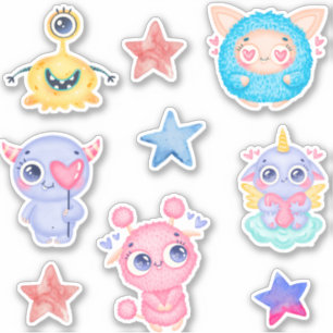 Sticker Collier d'autocollant de monstres d'aquarelle mign