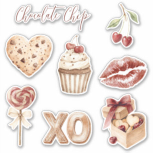 Sticker Cookie Cœur Pépites de Chocolat Cerises Cupcake XO