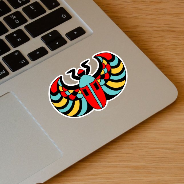 Sticker Couleurs vives du scarabée égyptien (Brightly coloured Egyptian scarab beetle in blue, red, yellow, and black on a vinyl sticker.)