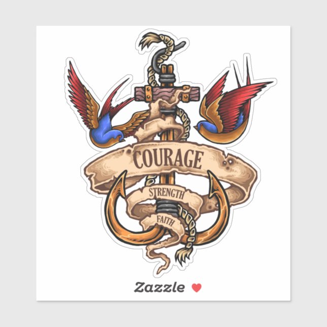 Sticker Courage Foi Force Vieux Tatouage (Feuille)