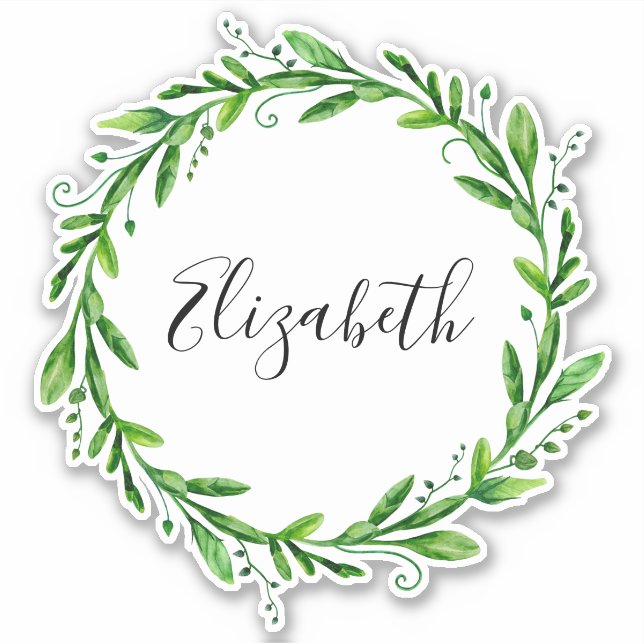 Sticker Couronne vert aquarelle. Nom botanique d'été (Devant)