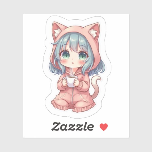Sticker Cozy Kawaii Anime Girl with Cat Hoodie – Hot Drink (Feuille)