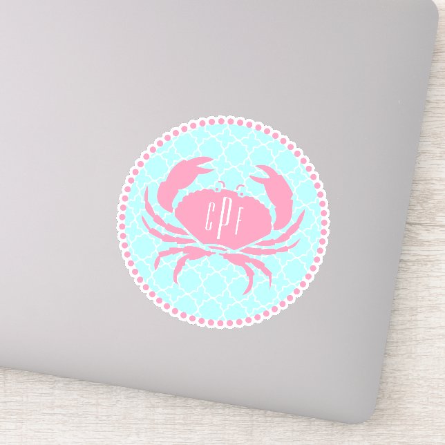 Sticker Crabe de Quatrefoil de Monogramme Rose bleu Preppy (Détail)