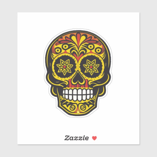 Sticker Crâne à sucre - traditionnel Jaune et Rouge (Feuille)