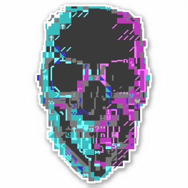 Sticker crâne Cyberpunk ASCII Glitch (Devant)
