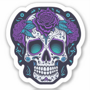 Sticker Crâne de sucre pourpre et Turquoise 2