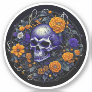 Sticker Crâne et fleurs orange art IA