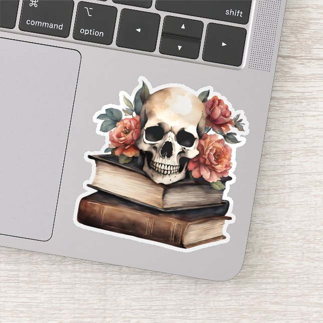 Sticker Crâne gothique avec livres et fleurs étanche (Détail)