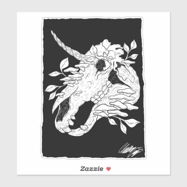 Sticker Crâne Unicorne noir et blanc avec plante (Feuille)