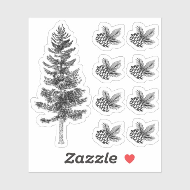 Sticker Croquis Rustique Pine Tree & Cones Forêt Bois (Feuille)