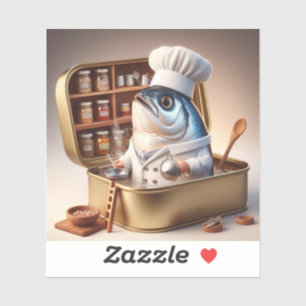Sticker Cuisinier Kawaii Sardine Dans une Petite Cuisine