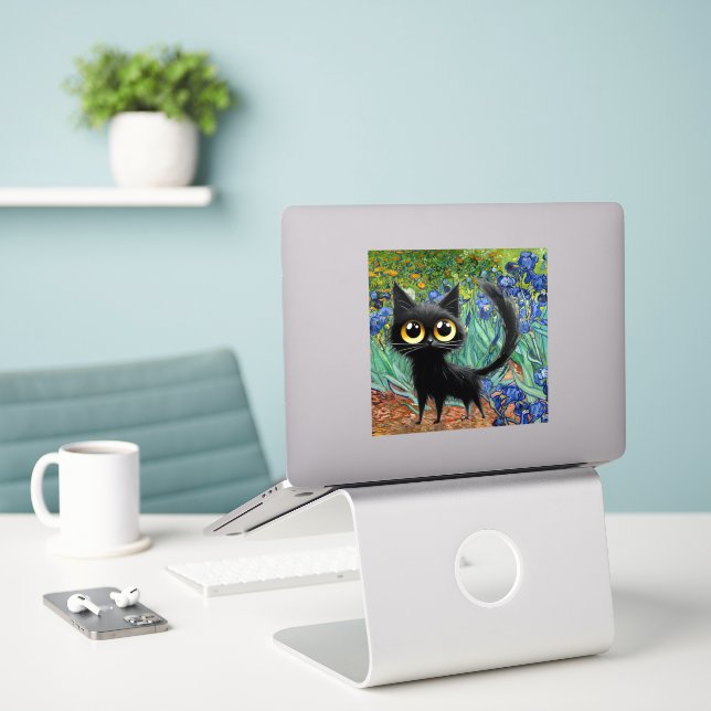 Sticker Custom-Cut Vinyl Sticker, Black Cat Purple Irises (Ordinateur portable sur le bureau)