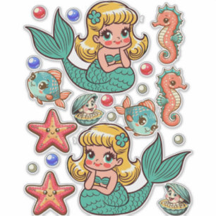 Sticker Cute 1950 Mermaids poupées en papier vie marine im