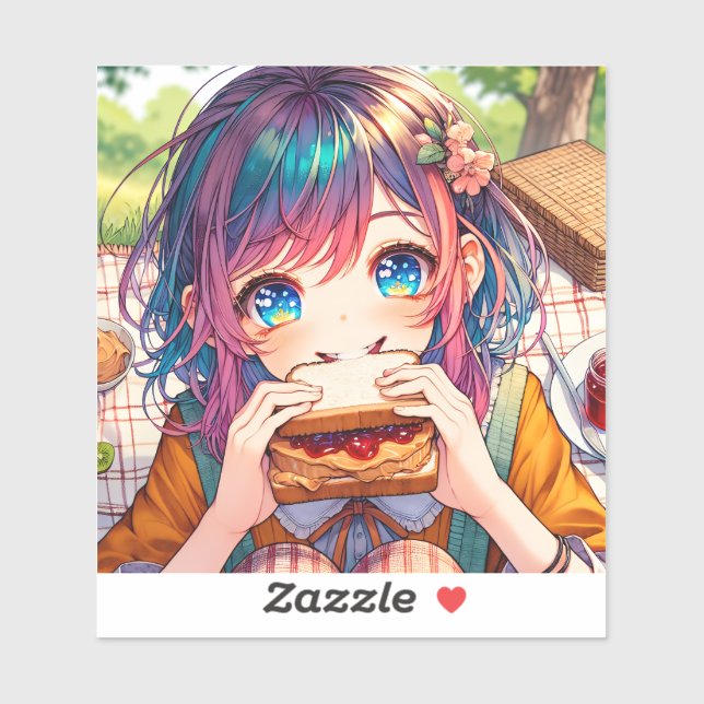 Sticker Cute Anime Girl mangeant un beurre d'arachide et g (Feuille)