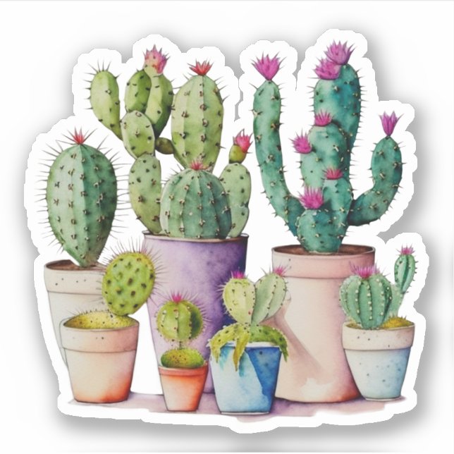 Sticker Cute aquarelle cactus succulents dans les pots (Devant)