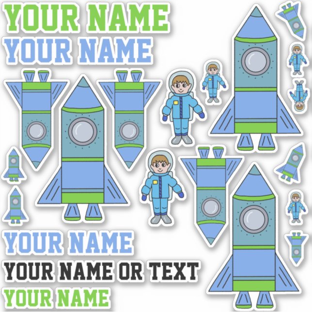 Sticker Cute Astronaut Rocket Bleu Vert Dessin Enfants (Devant)