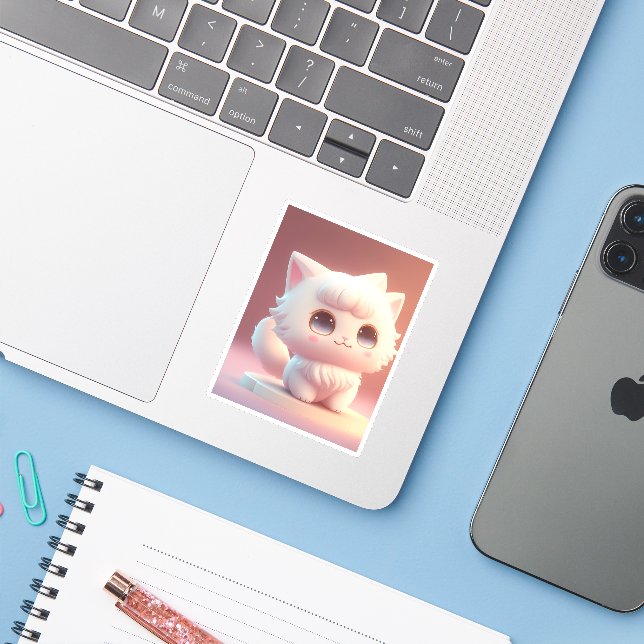 Sticker Cute Big Eyes Fluffy Blanc Chat (Ordinateur portable avec iPhone)