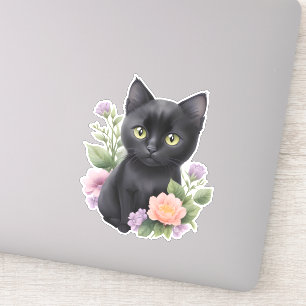 Sticker Cute Black Chat Floral Whimsical