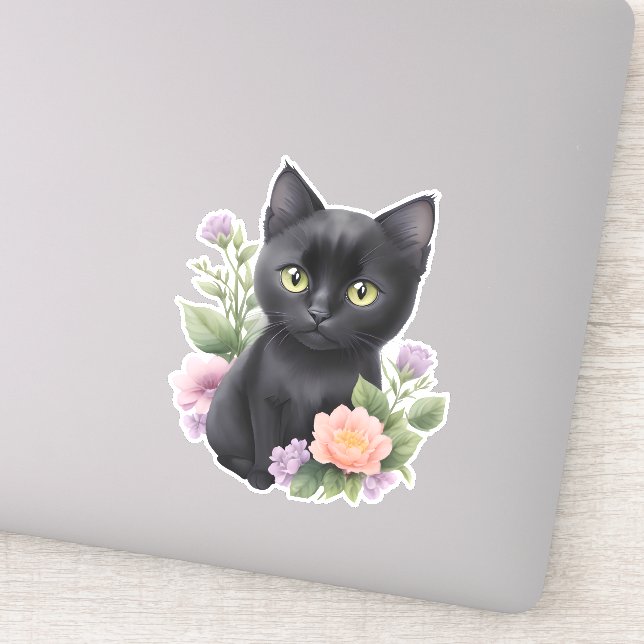Sticker Cute Black Chat Floral Whimsical (Détail)