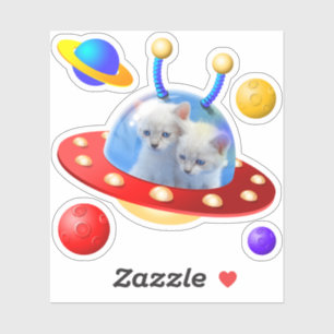 Sticker Cute Blue Twin Kittens Chats en OVNI Soucoupes vol