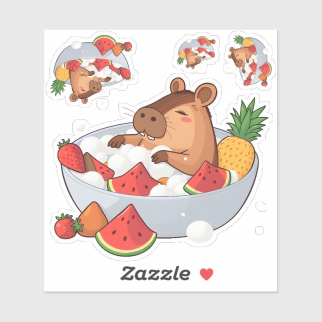 Sticker Cute Capybara Fruit Bath Spa Day Kawaii Animal Ill (Feuille)