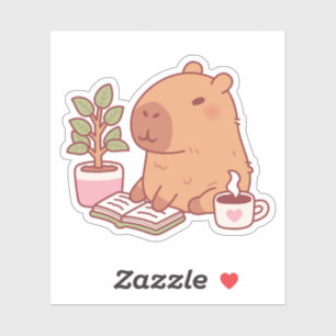 Sticker Cute Capybara Profitant D'Une Bonne Lecture Et Caf