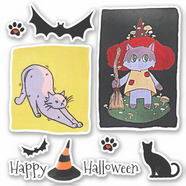 Sticker Cute Cartoon Chats Halloween Groupe (Devant)