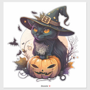 Sticker Cute Chat Noir avec sorciers Casquette Citrouille 