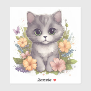 Sticker Cute chaton gris avec fleurs de printemps