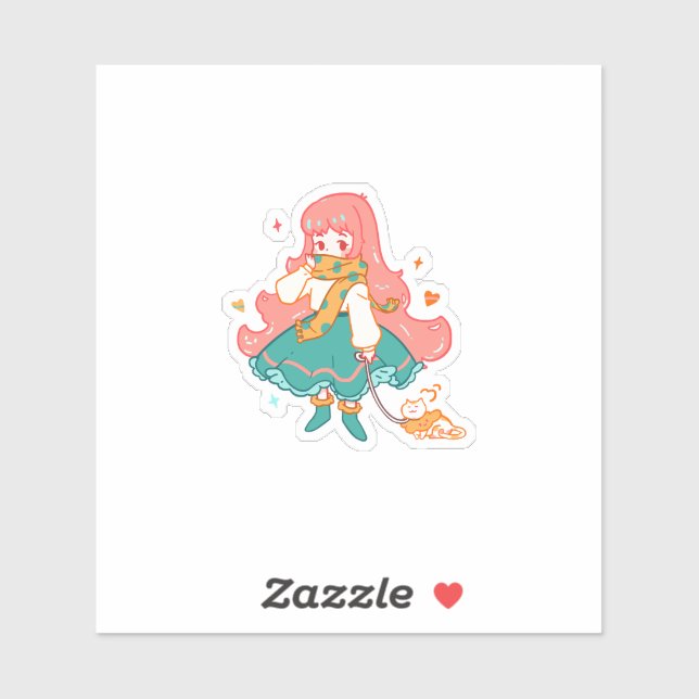 Sticker Cute Chibi Pastel Anime Girl with Cat Vinyl  (Feuille)