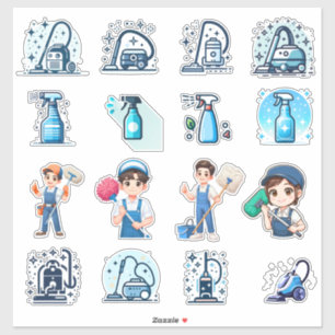 Sticker Cute Cleaning Service Icons & Characters – Vector 