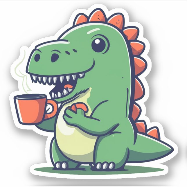 Sticker Cute Dinosaur tenant une coupe de café (Devant)