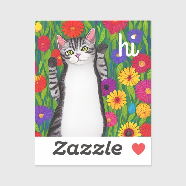 Sticker Cute Folk Art Chat disant Hi parmi les fleurs (Feuille)