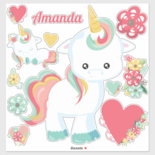 Sticker Cute Girly Unicorn Coeurs Floral