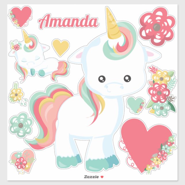 Sticker Cute Girly Unicorn Coeurs Floral (Feuille)