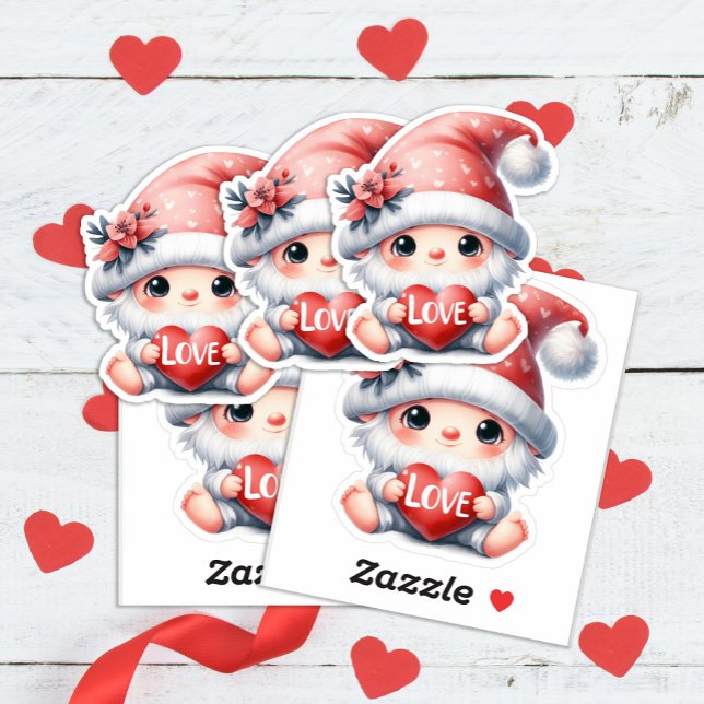 Sticker Cute Gnome Rose Rouge Coeur Aimer Saint Valentin (Valentine's gnome sticker)