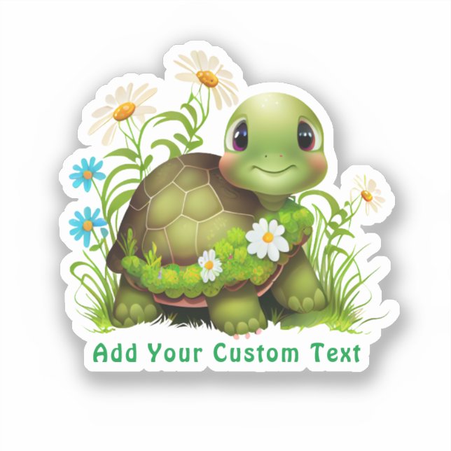 Sticker Cute Green Turtle Floral Texte personnalisé Coupe (Recto)