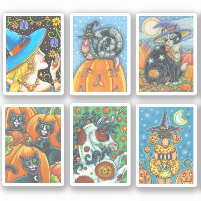 STICKER CUTE HALLOWEEN WITCH CHIEN NOIR CAT UNICORN & SNAI (Devant)