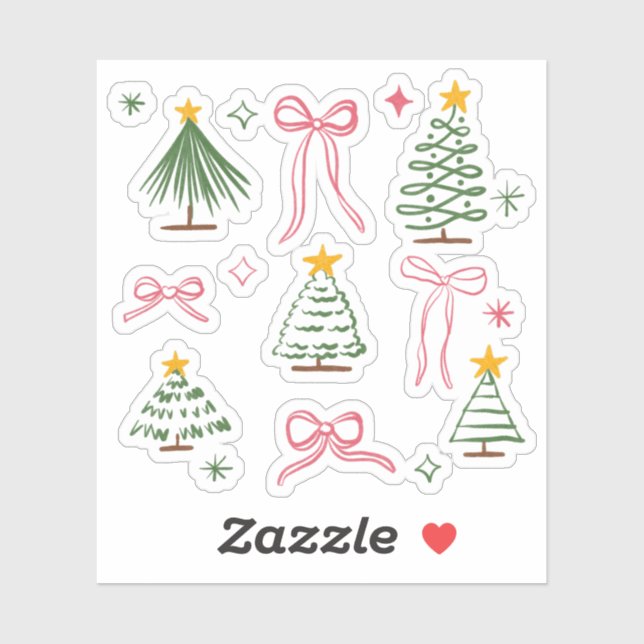 Sticker Cute Hand Drawn Christmas Trees and Bows Pattern (Feuille)