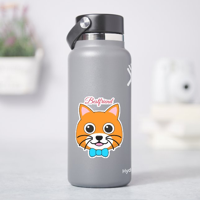 Sticker Cute Happy Ginger Cat avec Papillon | Personnalise (HydroFlask)