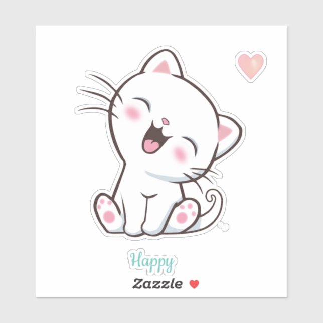 Sticker Cute Happy Kitty Chat & Coeur (Feuille)
