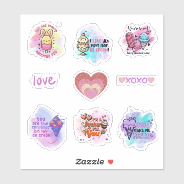 Sticker Cute Ice Cream Fun Classroom Valentines feuille (Feuille)