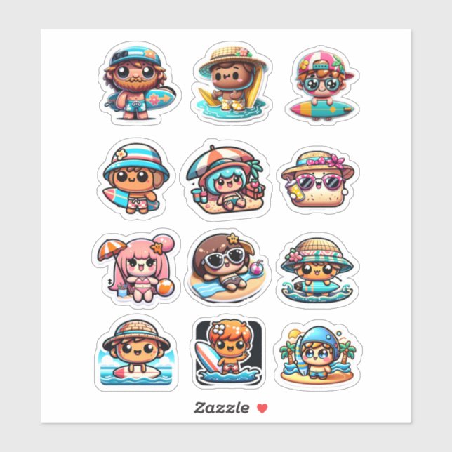 Sticker Cute Kawaii Beach Bum Surf (Feuille)