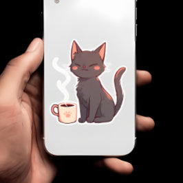 Sticker Cute Kawaii Chat avec Coffee Cup