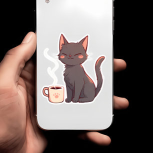 Sticker Cute Kawaii Chat avec Coffee Cup
